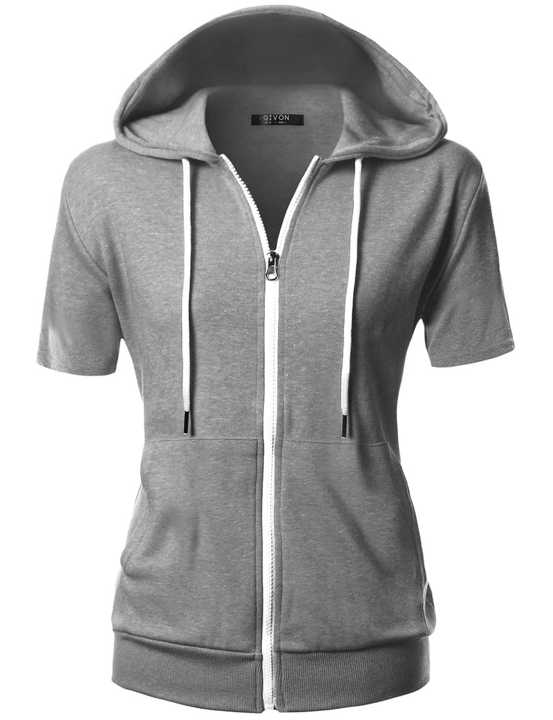 GIVON Womens Slim Fit Zip Up Hoodie Short Sleeve Thin Jacket Full Zip Sweatshirt with Plus Size / DCF207-GREY-L - Image 2
